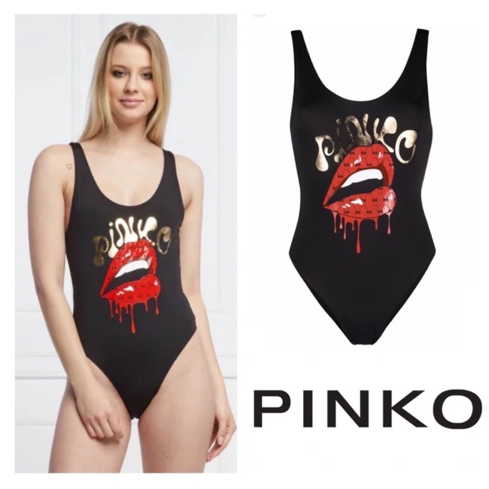 New! PINKO Graphic Lips One-Piece Swimsuit Scoop Back in Black